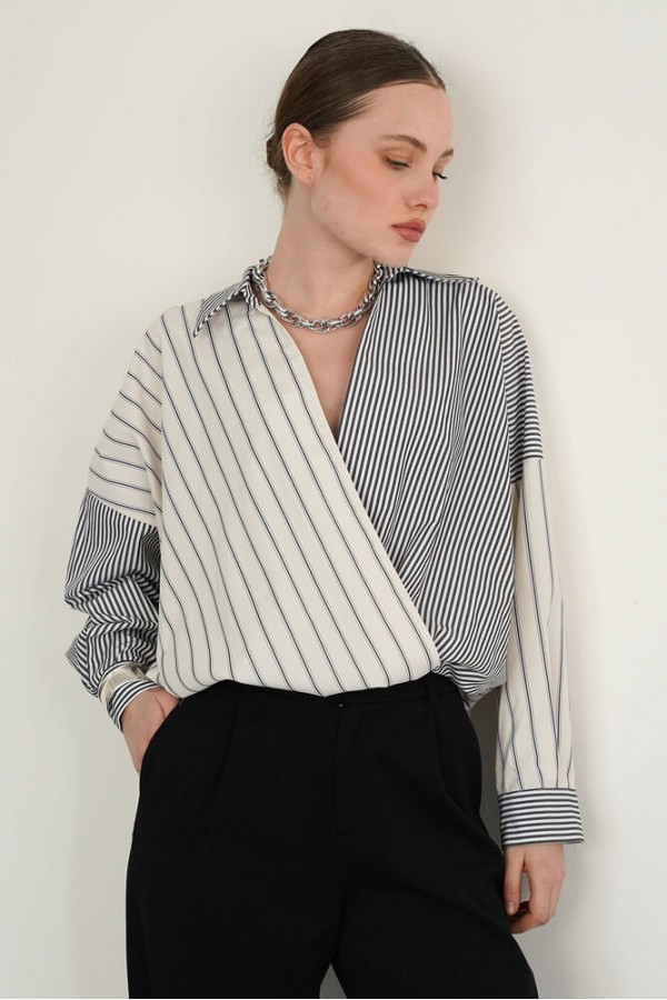 F 2094 YAKADAN ETEK UCUNA CAPRAZ DİKİM GÖMLEK - TAŞ SİYAH